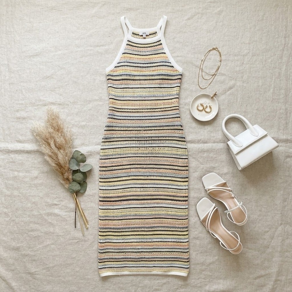 525 America Maxi Dress L White Multi Crochet Knit Stripe Boho New Joelle Revolve